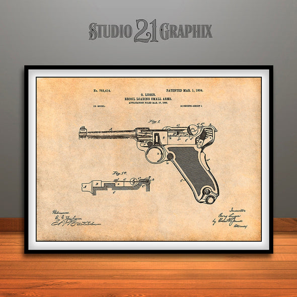 1904 Luger Pistol Patent Print Antique Paper
