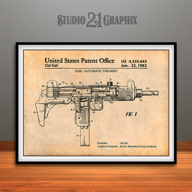 1982 Uzi Submachine Gun Patent Print Antique Paper