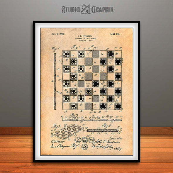 1921 Checker and Chess Board Patent Print Antique Paper