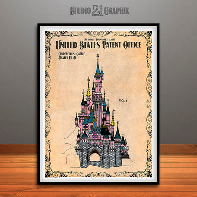 Disney Cinderella's Castle Colorized Patent Print Antique Paper