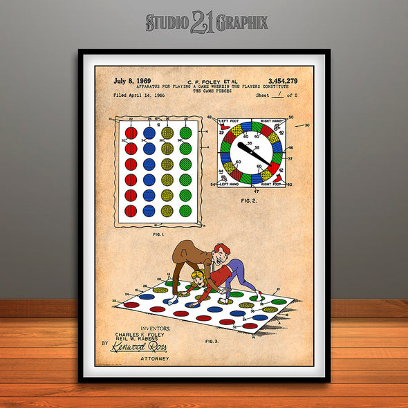 1969 Colorized Twister Game Patent Print Antique Paper