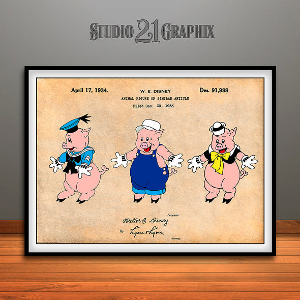 Walt Disney Three Little Pigs Colorized Patent Print Antique Paper