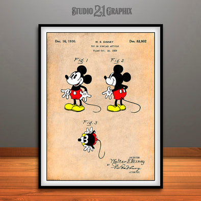 1930 Walt Disney Mickey Mouse Colorized Patent Print Antique Paper