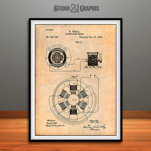 1896 Tesla Alternating Motor Patent Print Antique Paper