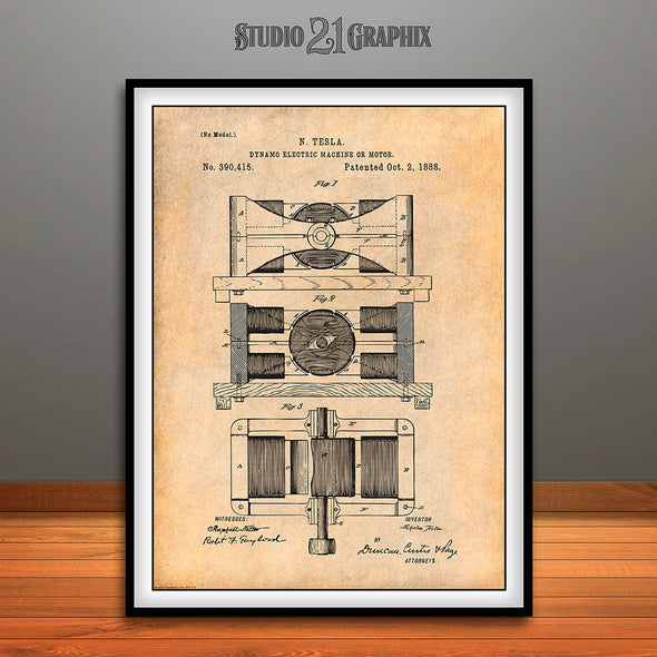 1888 Tesla Dynamo Electric Motor Patent Print Antique Paper