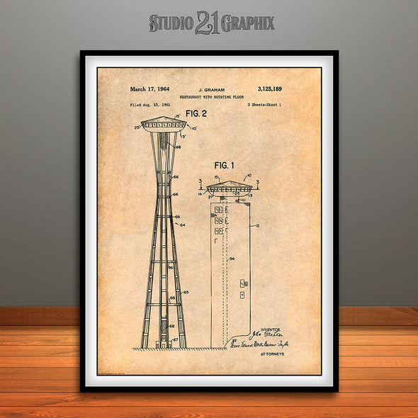 1961 Seattle Space Needle Patent Print Antique Paper