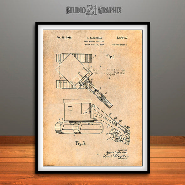 1937 Backhoe Excavator Patent Print Antique Paper