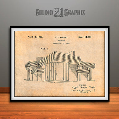1938 Frank Lloyd Wright House Dwelling Patent Print Antique Paper