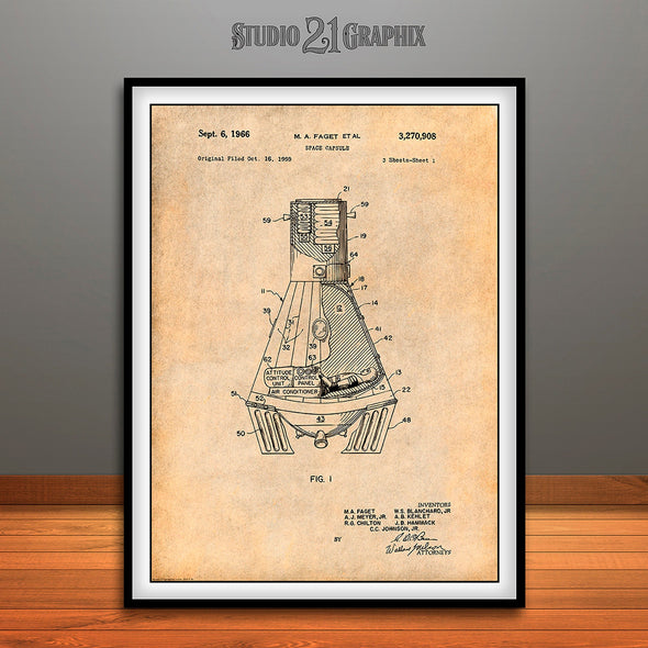 1966 Gemini Space Capsule Patent Print Antique Paper