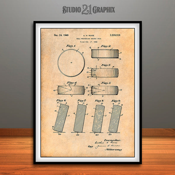 1940 Hockey Puck Patent Print Antique Paper