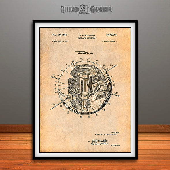 1957 Satellite Structure Sputnik Patent Print Antique Paper