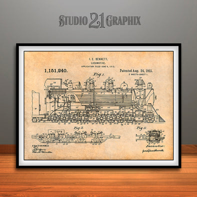 1913 Bennett Locomotive Patent Print Antique Paper