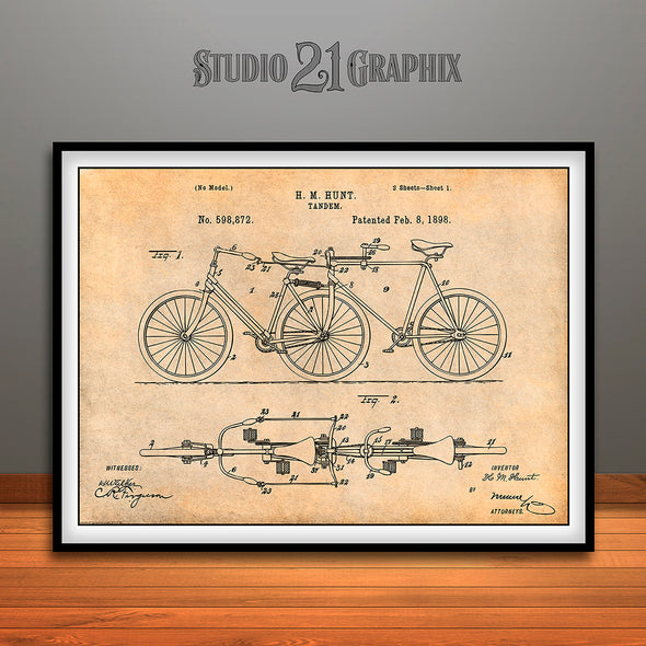 1898 Hunt Tandem Bicycle Patent Print Antique Paper