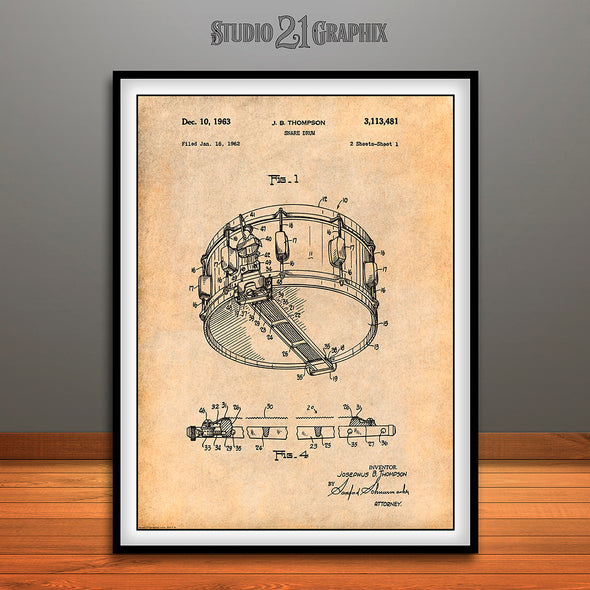 1962 Thompson Snare Drum Patent Print Antique Paper