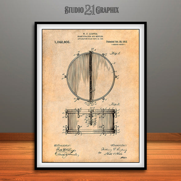 1909 Ludwig Snare Drum Patent Print Antique Paper
