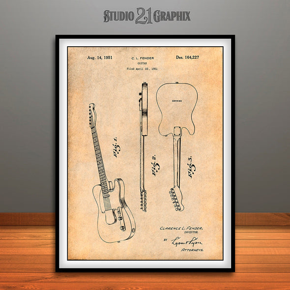 1951 Fender Guitar Patent Print Antique Paper