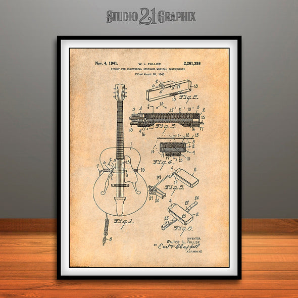 1940 Gibson Guitar Electrical Pickup Patent Print Antique Paper