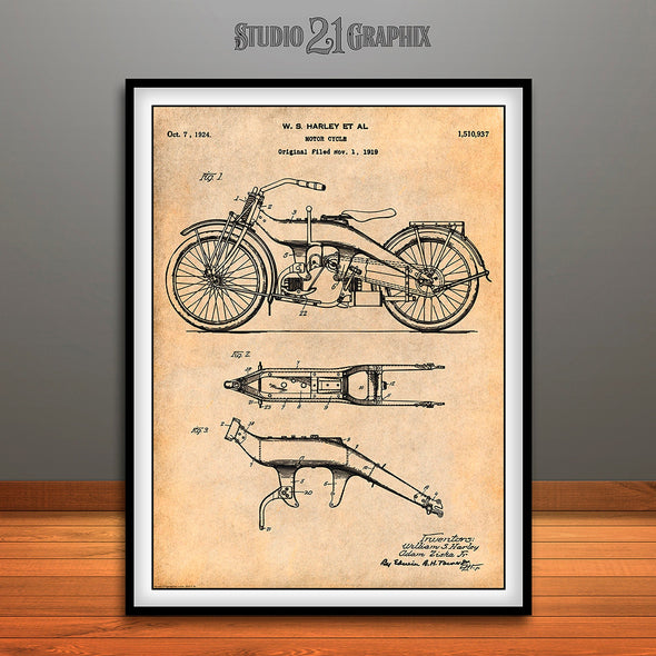 1924 Harley Davidson Motorcycle Patent Print Antique Paper