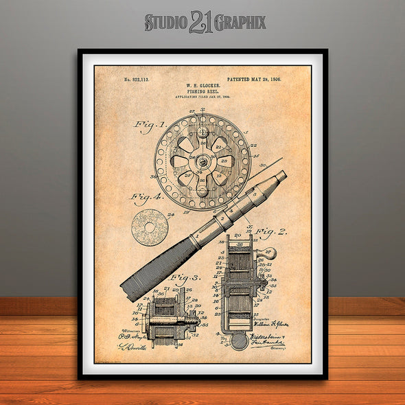 1906 Fly Fishing Reel Patent Print Antique Paper