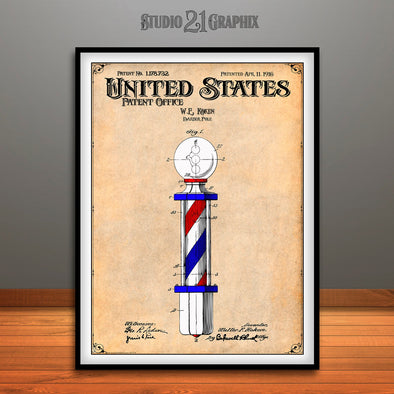 1915 Colorized Barber Pole Koken Patent Print Antique Paper