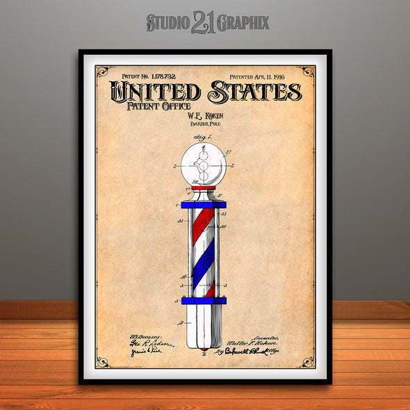 1915 Colorized Barber Pole Koken Patent Print Antique Paper