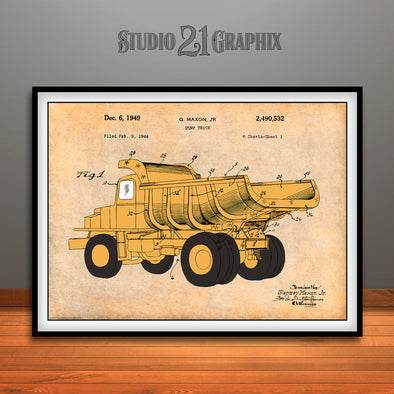1944 Construction Dump Truck Colorized Patent Print Antique Paper