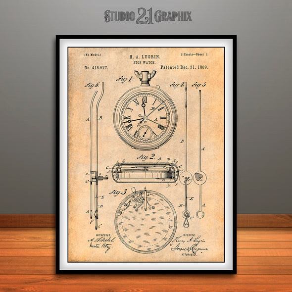 1889 Stopwatch Patent Print Antique Paper