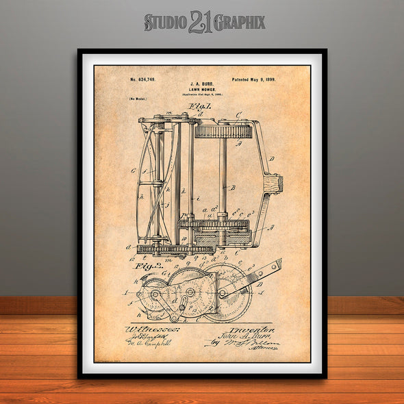 1898 J.A. Burr Lawn Mower Patent Print Antique Paper
