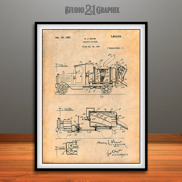 1925 Concrete Mixer Truck Patent Print Antique Paper