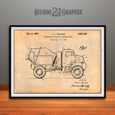 1952 Concrete Mixer Truck Patent Print Antique Paper