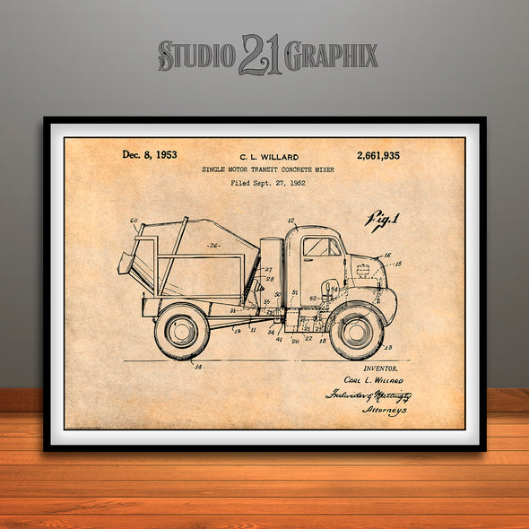 1952 Concrete Mixer Truck Patent Print Antique Paper