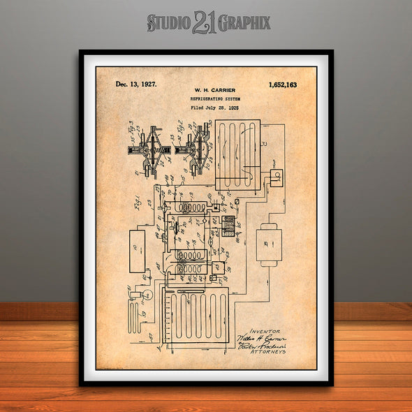 1925 Carrier Refrigerating System Patent Print Antique Paper