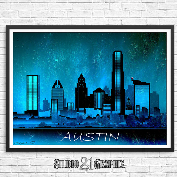 Austin at Night, Texas City Skyline Watercolor Art Print
