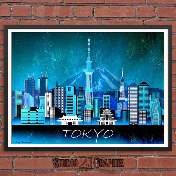 Tokyo at Night, Japan Skyline Watercolor Art Print
