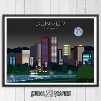 Denver in Moon Light, Colorado Skyline Watercolor Art Print