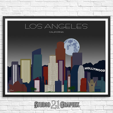 Los Angeles in Moon Light, California Skyline Watercolor Art Print