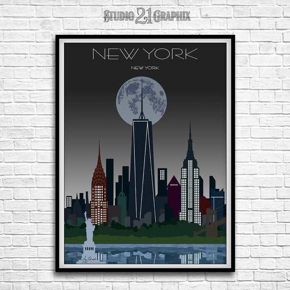 New York City in Moon Light Skyline Watercolor Art Print