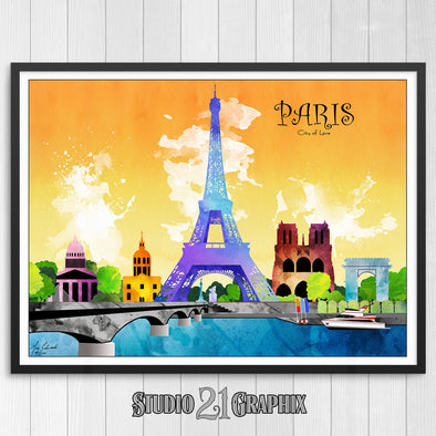 Paris in Living Color, France Skyline Watercolor Art Print