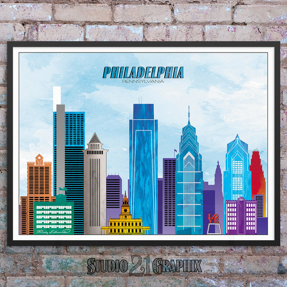 Philadelphia, Pennsylvania Skyline Watercolor Art Print