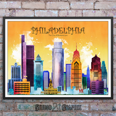 Philadelphia in living Color, Pennsylvania Skyline Watercolor Art Print