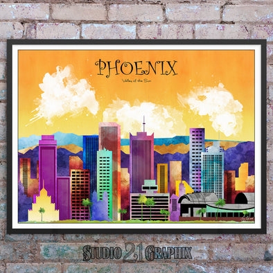 Phoenix in Living Color, Arizona Skyline Watercolor Art Print