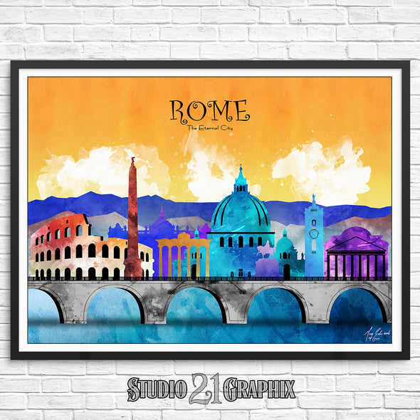 Rome In Living Color, Italy Skyline Watercolor Art Print