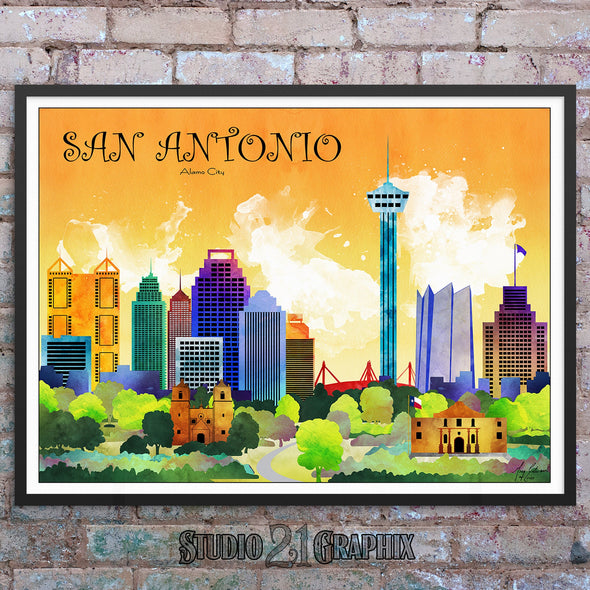 San Antonio In Living Color, Texas Skyline Watercolor Art Print