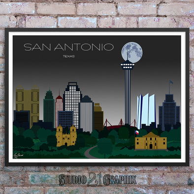 San Antonio in Moon Light, Texas Skyline Watercolor Art Print