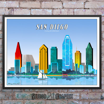 San Diego, California Skyline Watercolor Art Print