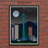 Seattle in Moon Light, Washington Skyline Watercolor Art Print