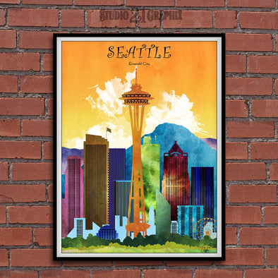 Seattle in Living Color, Washington Skyline Watercolor Art Print