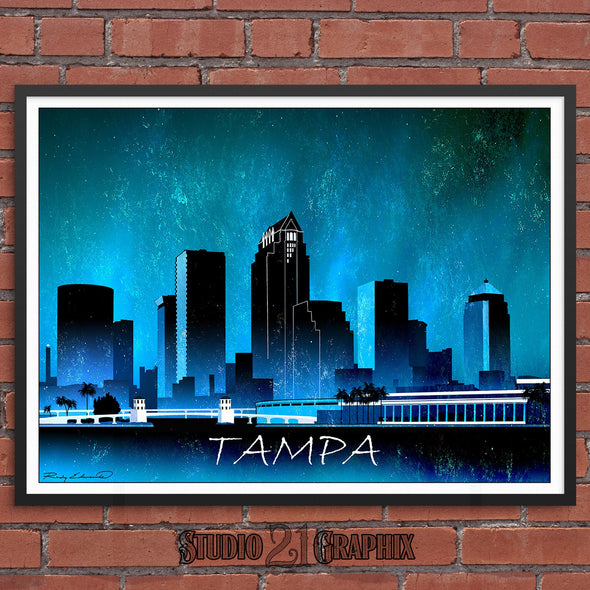 Tampa at Night, Florida Skyline Watercolor Art Print
