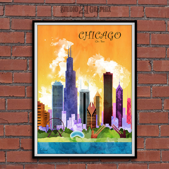 Chicago in Living Color Skyline Watercolor Art Print