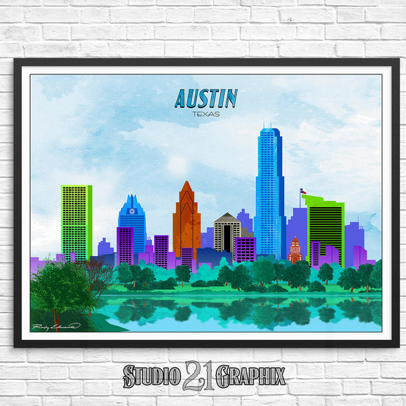 Austin Texas City Skyline Watercolor Art Print